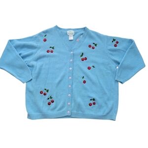 Quacker Factory Cherry Cardigan Sweater Blue Red Embroidered Beaded Cherries 3X